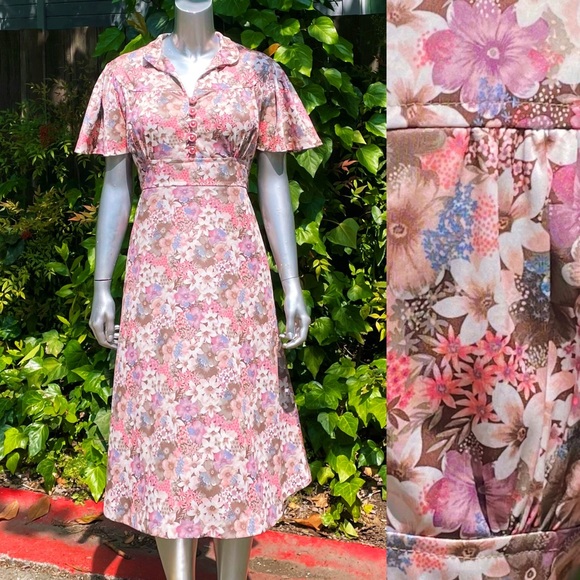 Vintage Dresses & Skirts - 1970s C&A Floral Flutter Sleeve Midi Dress